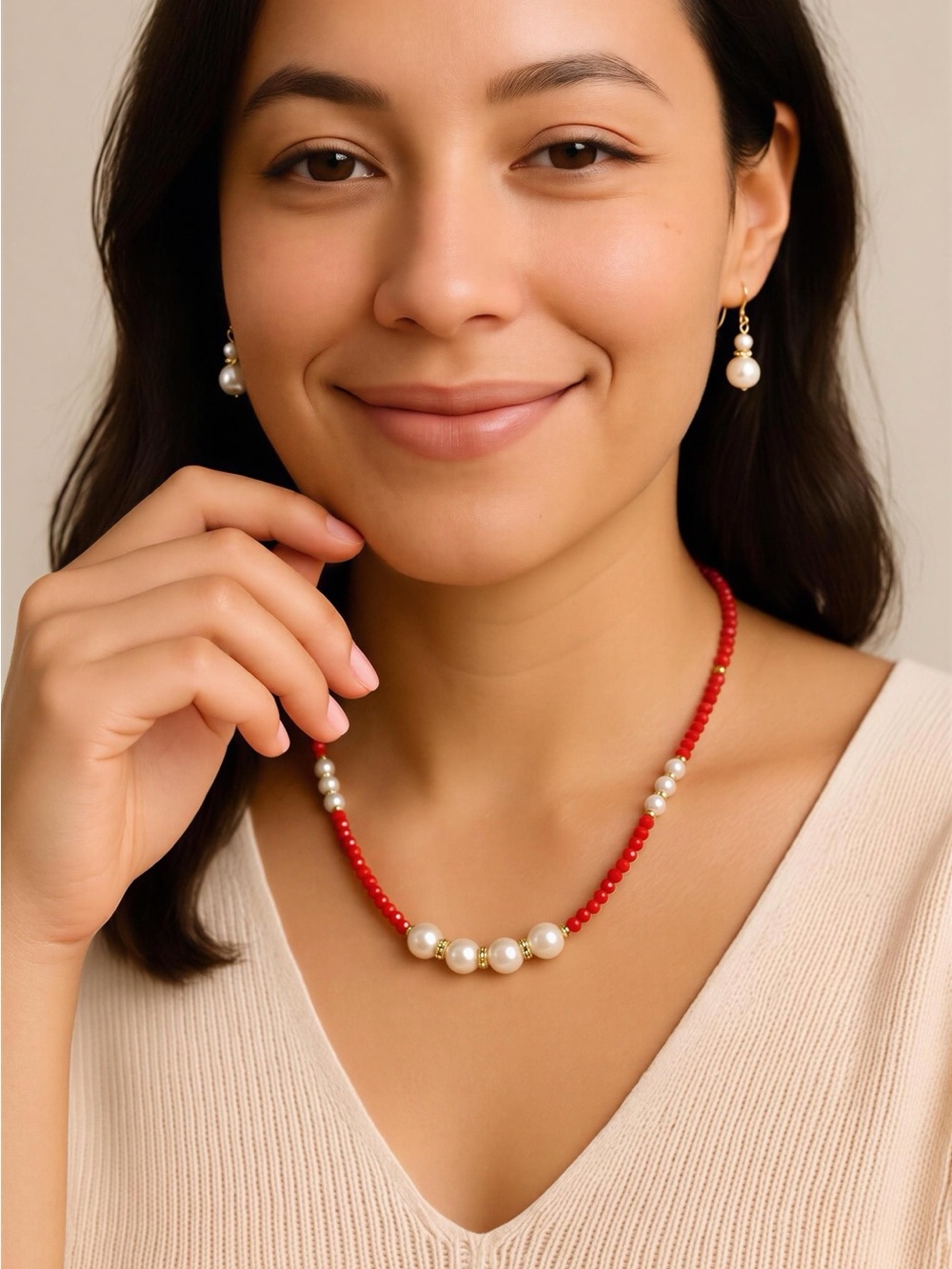 Pearl Accent Red Bead Necklace with Gold Details